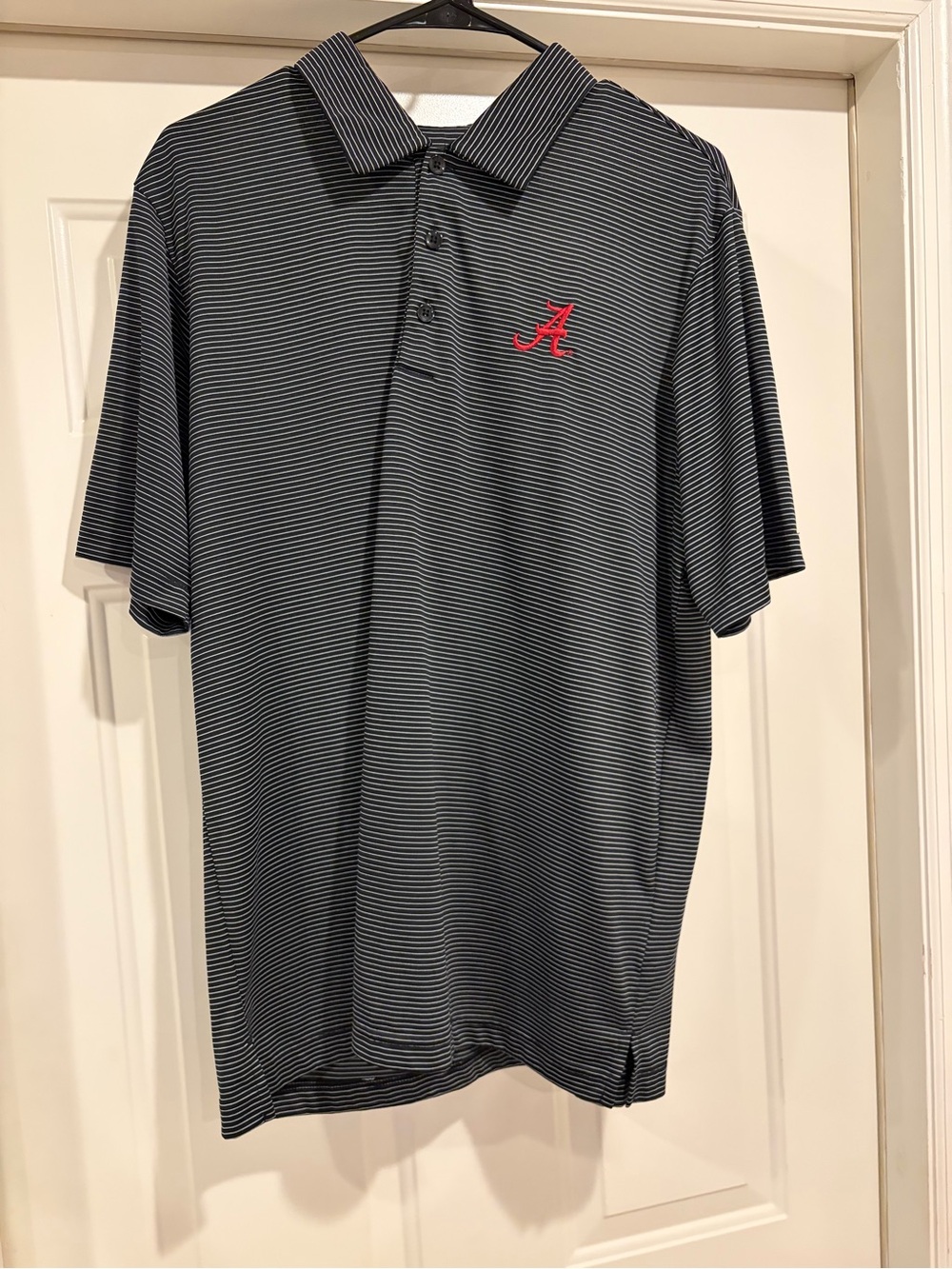 Antigua Black and White Striped Polo with Alabama script A